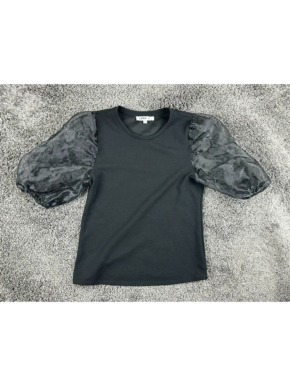 Love J Womens Puff Sleeve Top Small Black Sheer Organza Statement Blouse